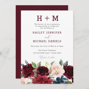 Modern Burgundy Red Watercolor Monogram Wedding Invitation