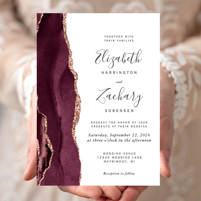 Modern Burgundy Rose Gold Agate Wedding Invitation (Creator Uploaded)