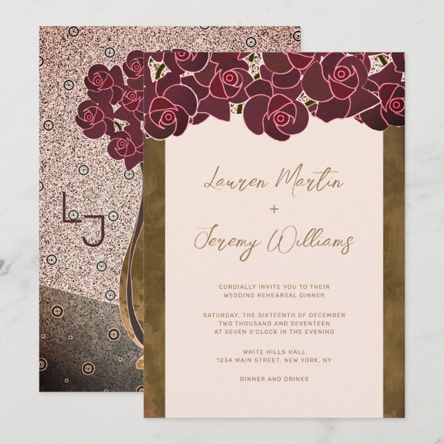 Modern Burgundy Rose Vase Floral Rehearsal Dinner Invitation (Front/Back)