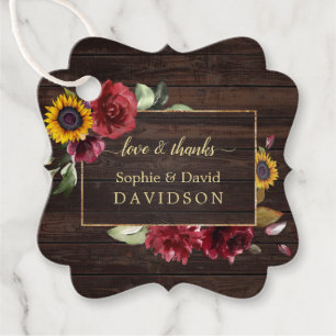Modern Burgundy Roses Sunflower Gold Wedding Favour Tags