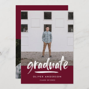 Modern burgundy script 3 photo stylish graduation invitation
