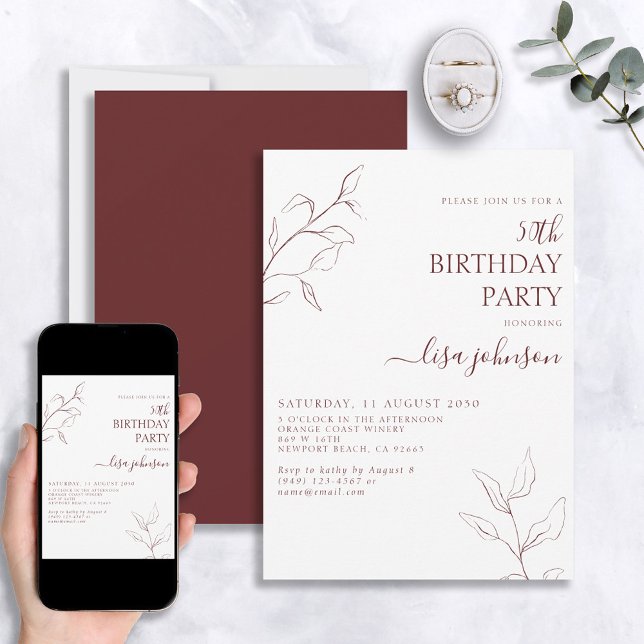 Modern Burgundy Script Botanical 50th Birthday Invitation (Creator Uploaded)