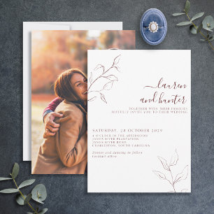 Modern Burgundy Script Botanical Photo Wedding Invitation
