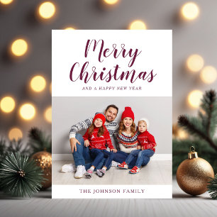 Modern Burgundy Script One Photo Christmas Holiday Card