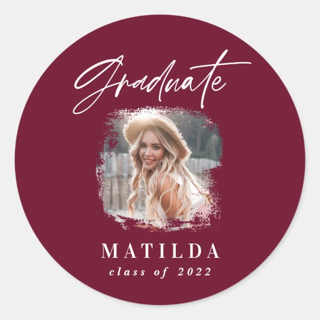 Modern burgundy script photo elegant graduation classic round sticker (Front)