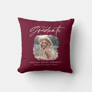 Modern burgundy script photo elegant graduation cushion