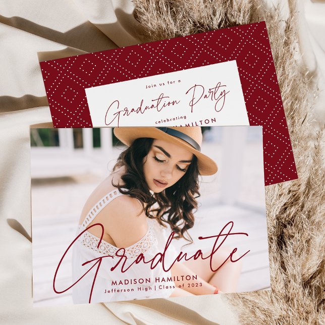 Modern Burgundy Script Photo Graduation Party Invitation (Creator Uploaded)