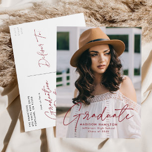 Modern Burgundy Script Photo Graduation Party Invitation Postcard