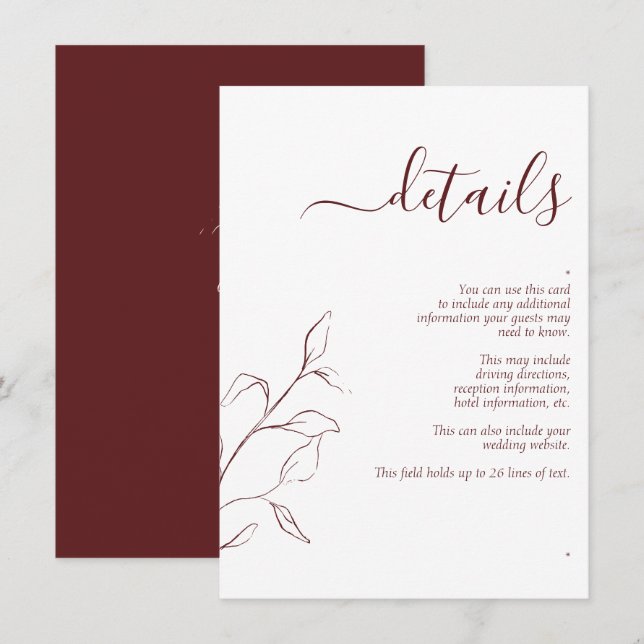 Modern Burgundy Script Wedding Details Enclosure Card (Front/Back)