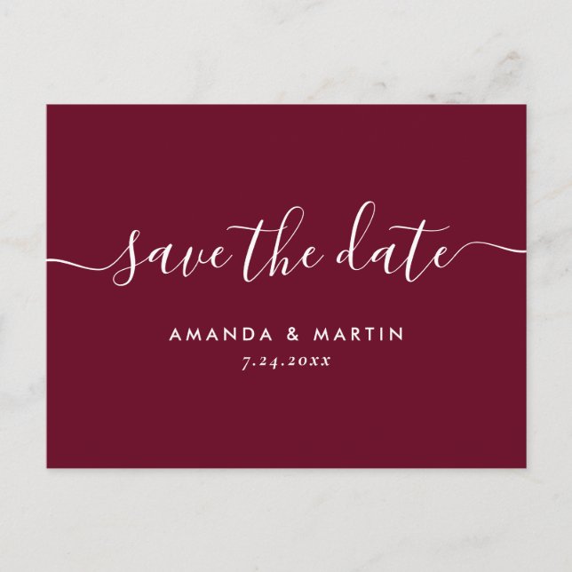 Modern Burgundy Script Wedding Save The Date Announcement Postcard (Front)