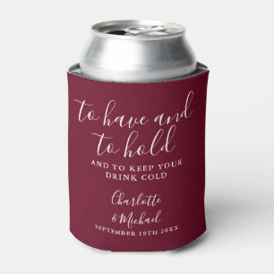 Modern Burgundy Signature Script Wedding Can Cooler
