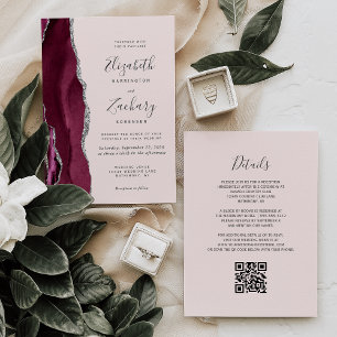 Modern Burgundy Silver Agate Blush QR Code Wedding Invitation