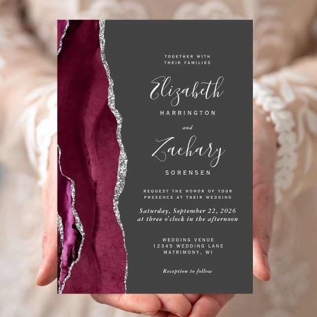 Modern Burgundy Silver Agate Charcoal Grey Wedding Invitation (Creator Uploaded)