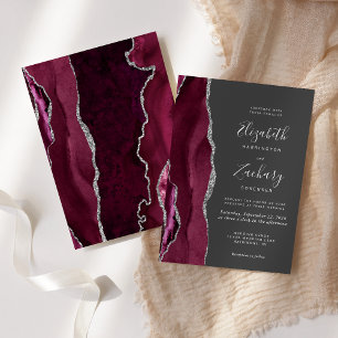 Modern Burgundy Silver Agate Charcoal Grey Wedding Invitation