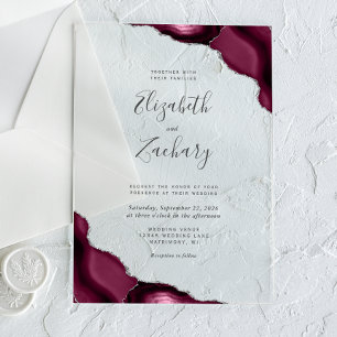 Modern Burgundy Silver Agate Corners Wedding Acrylic Invitations