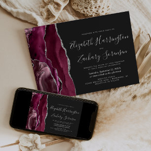 Modern Burgundy Silver Agate Dark Wedding Invitation