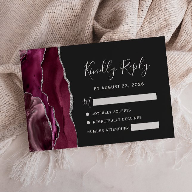 Modern Burgundy Silver Agate Dark Wedding RSVP Card (Creator Uploaded)