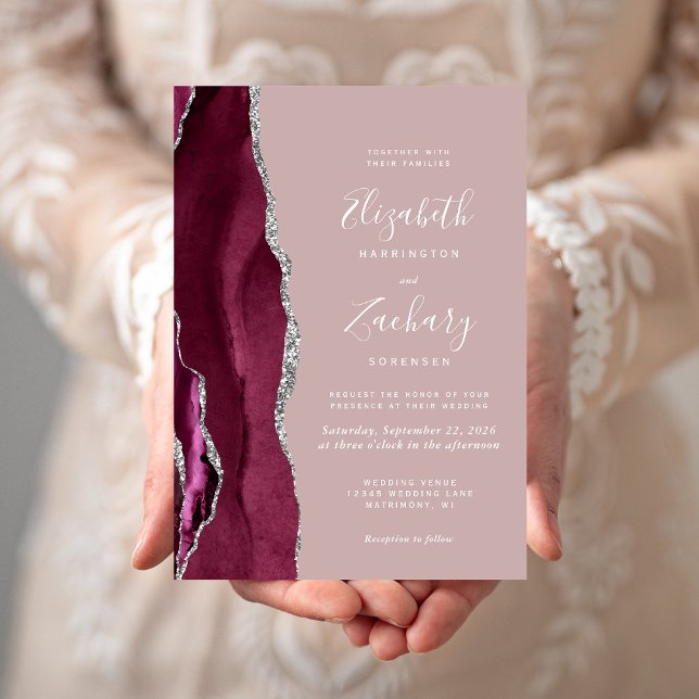 Modern Burgundy Silver Agate Dusty Rose Wedding Invitation (Creator Uploaded)