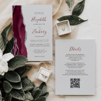 Modern Burgundy Silver Agate Gray QR Code Wedding
