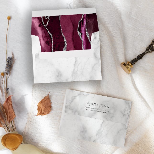 Modern Burgundy Silver Agate Marble Wedding Envelope (Creator Uploaded)