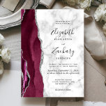 Modern Burgundy Silver Agate Marble Wedding Invitation<br><div class="desc">The left-hand edge of this elegant modern wedding invitation features a burgundy watercolor agate border trimmed with silver faux glitter. The customisable text combines handwriting,  copperplate and italic fonts in black on a grey and white marble background. The reverse side features a matching burgundy and silver agate design.</div>