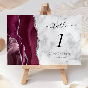 Modern Burgundy Silver Agate Marble Wedding Table Number