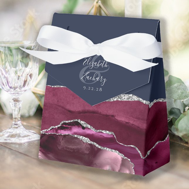 Modern Burgundy Silver Agate Navy Blue Favour Box (Creator Uploaded)