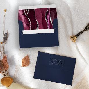 Modern Burgundy Silver Agate Navy Blue Wedding Envelope