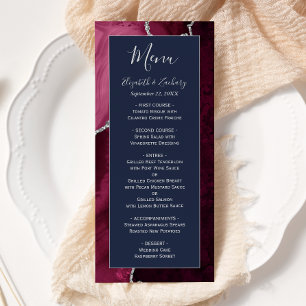 Modern Burgundy Silver Agate Navy Blue Wedding Menu