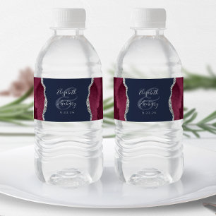 Modern Burgundy Silver Agate Navy Blue Wedding Water Bottle Label