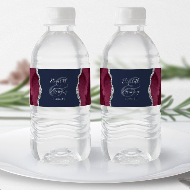 Modern Burgundy Silver Agate Navy Blue Wedding Water Bottle Label (Creator Uploaded)