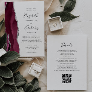 Modern Burgundy Silver Agate QR Code Wedding Invitation