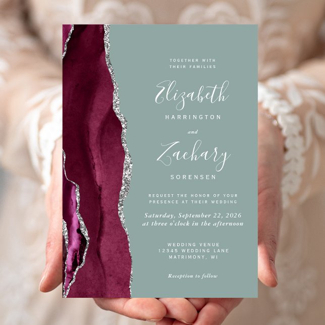 Modern Burgundy Silver Agate Sage Green Wedding Invitation (Creator Uploaded)