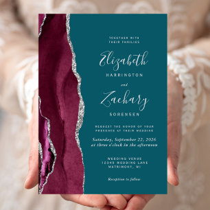 Modern Burgundy Silver Agate Teal Blue Wedding Invitation