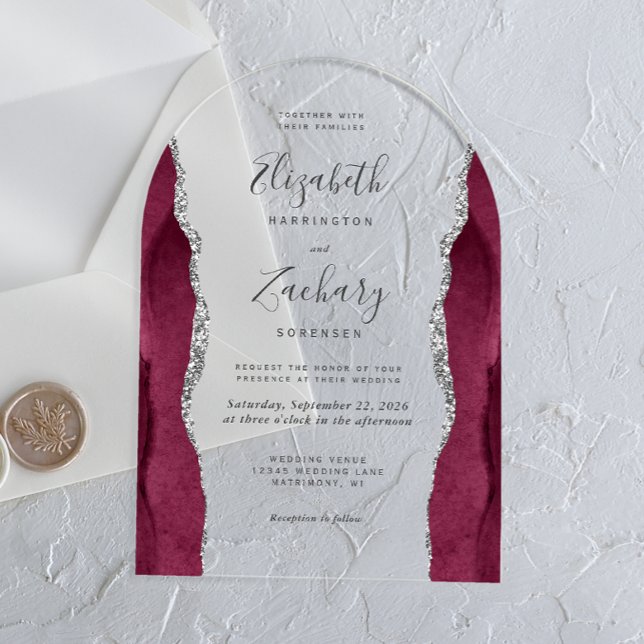 Modern Burgundy Silver Agate Wedding Arch Acrylic Invitations (Creator Uploaded)
