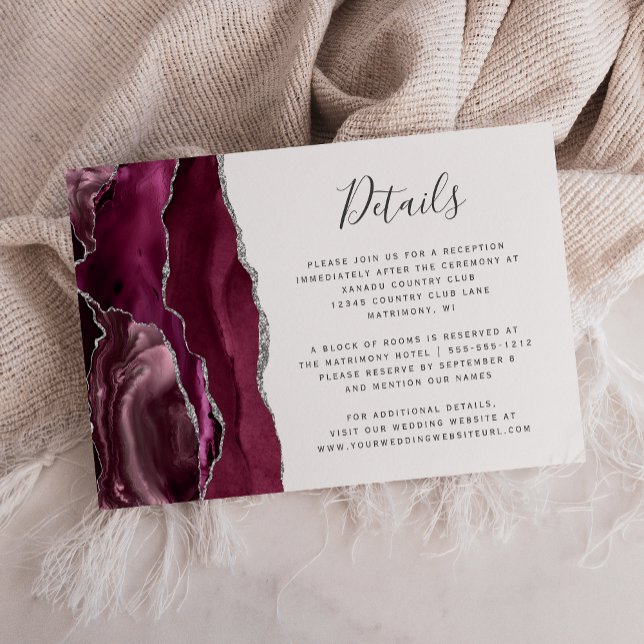Modern Burgundy Silver Agate Wedding Details Enclosure Card (Creator Uploaded)