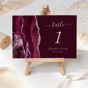 Modern Burgundy Silver Agate Wedding Table Number