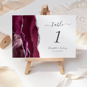 Modern Burgundy Silver Agate Wedding Table Number