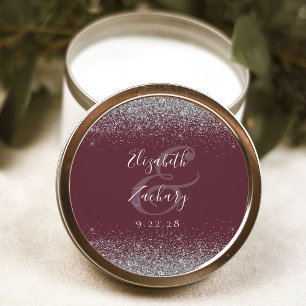 Modern Burgundy Silver Glitter Edge Wedding Classic Round Sticker