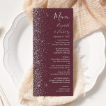 Modern Burgundy Silver Glitter Edge Wedding Menu<br><div class="desc">The left-hand edge of this elegant modern wedding menu features a silver faux glitter design. The customisable text combines silver grey handwriting,  copperplate and italic fonts on a burgundy background. The reverse side features a matching burgundy and silver glitter design.</div>