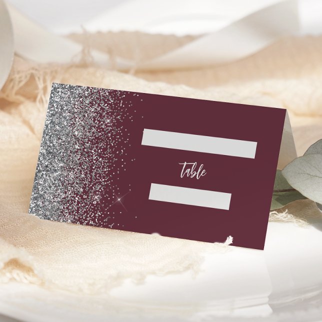 Modern Burgundy Silver Glitter Edge Wedding Place Card (Creator Uploaded)