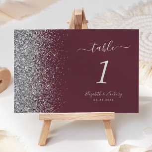 Modern Burgundy Silver Glitter Edge Wedding Table Number