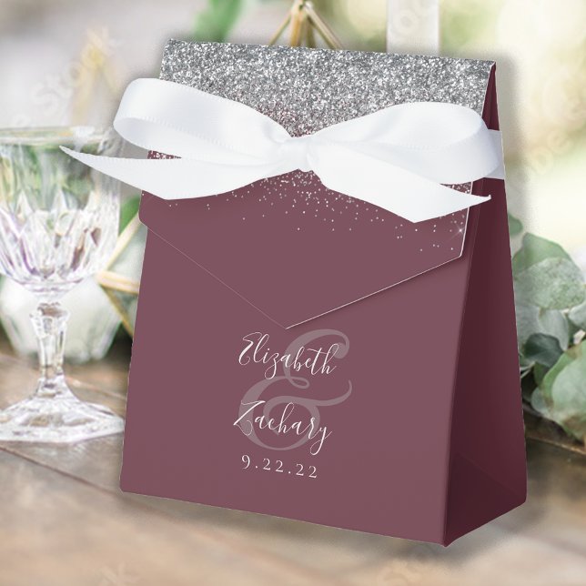 Modern Burgundy Silver Glitter Wedding Favour Box (Creator Uploaded)
