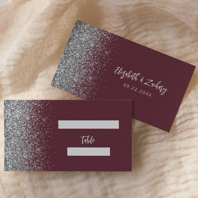 Modern Burgundy Silver Glitter Wedding Place Card (Creator Uploaded)