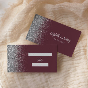 Modern Burgundy Silver Glitter Wedding Place Card