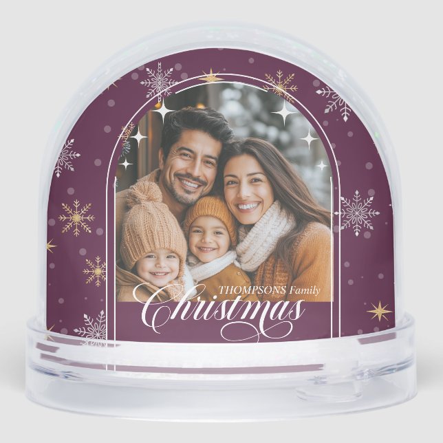 Modern Burgundy Snowflake Christmas Photo Snowglobe (Back)