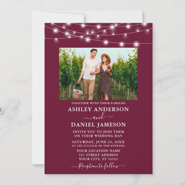 Modern Burgundy String Lights Photo Wedding Invitation (Front)