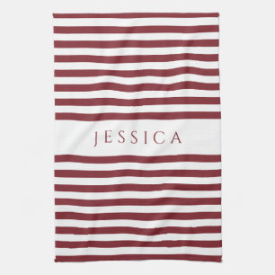 Modern Burgundy Striped Pattern Name Tea Towel