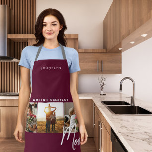 Modern Burgundy Three Photo Cooking Apron