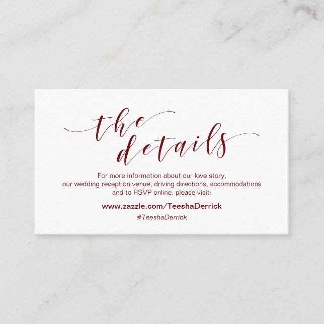 Modern Burgundy typeface, Our Details, website Enclosure Card (Front)